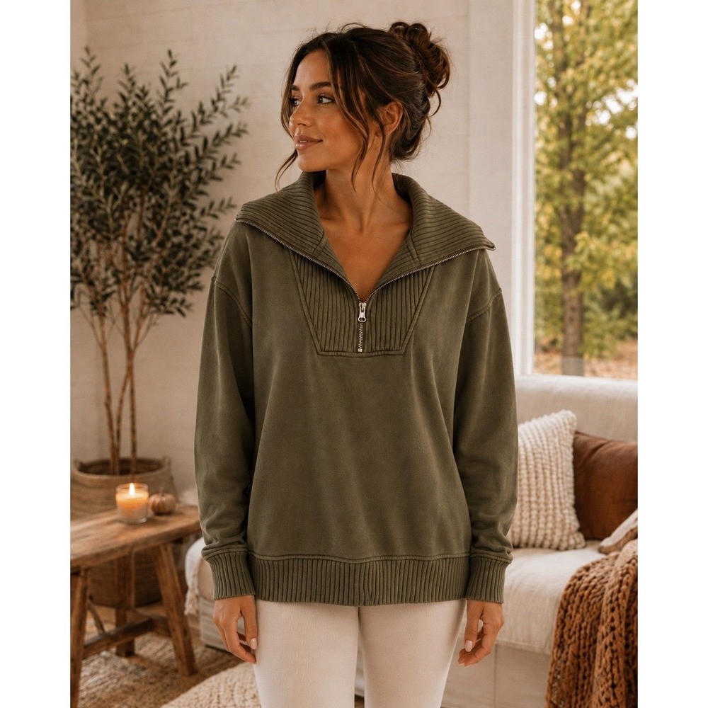 Aerie Women's XS Oversized Quarter Zip Pullover Sweatshirt Olive Green Ribbed